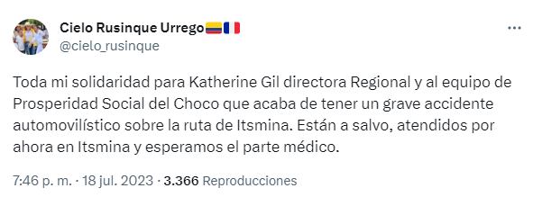 Cielo Rusinque confirmó que un equipo de Prosperidad Social sufrió un accidente en Chocó.