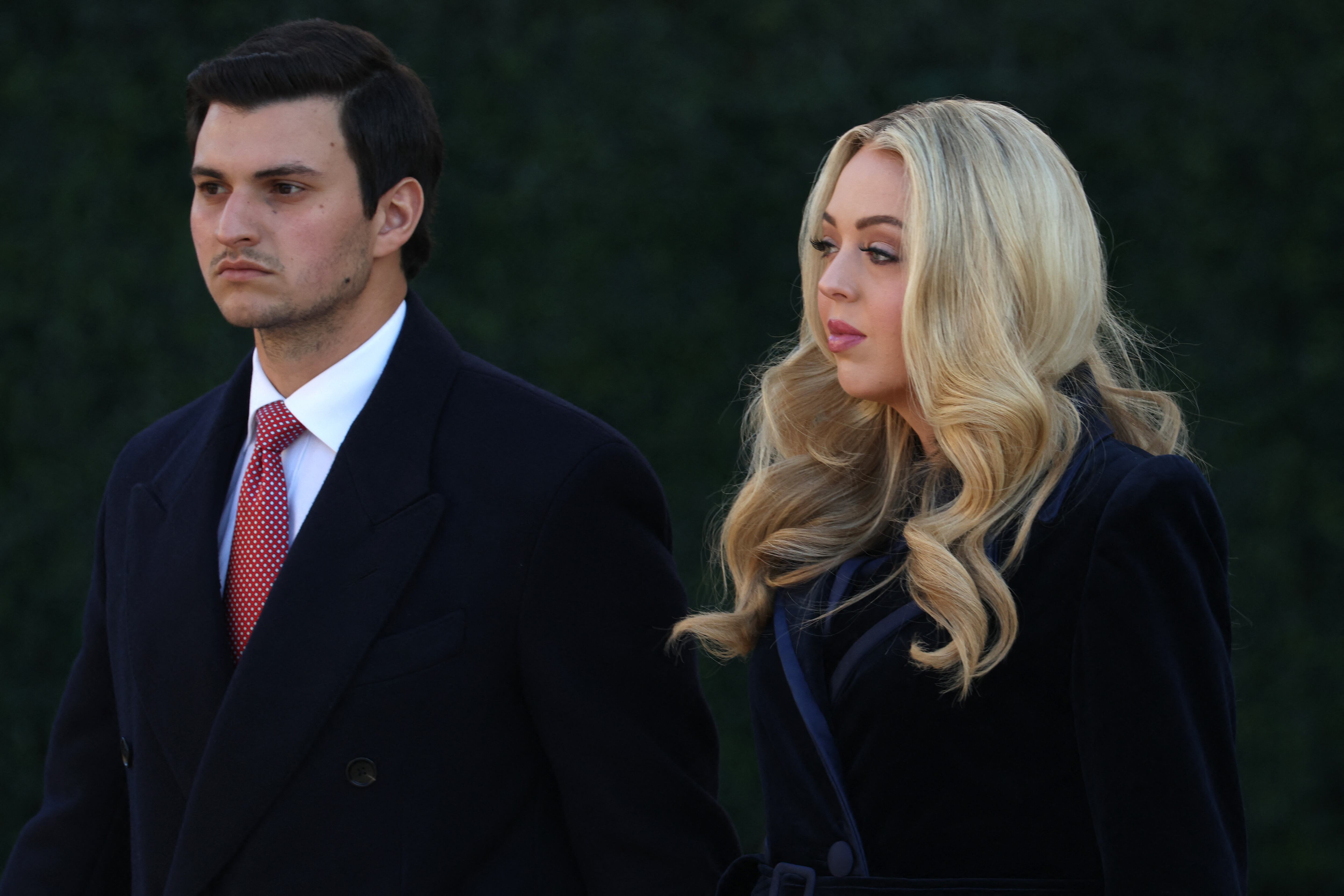 WASHINGTON, DC - JANUARY 20: Tiffany Trump, daughter of U.S. President Donald Trump, and her husband Michael Boulos arrive for church services at St. John's Church on January 20, 2025 in Washington, DC. Donald Trump takes office for his second term as the 47th president of the United States.   Scott Olson/Getty Images/AFP (Photo by SCOTT OLSON / GETTY IMAGES NORTH AMERICA / Getty Images via AFP)