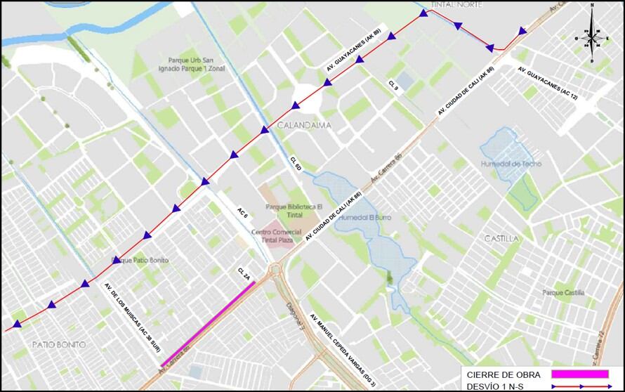 Desvío 1 (Norte – Sur). Obras Avenida Ciudad de Cali.