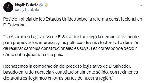 Bukele publicó la reacción del país norteamericano