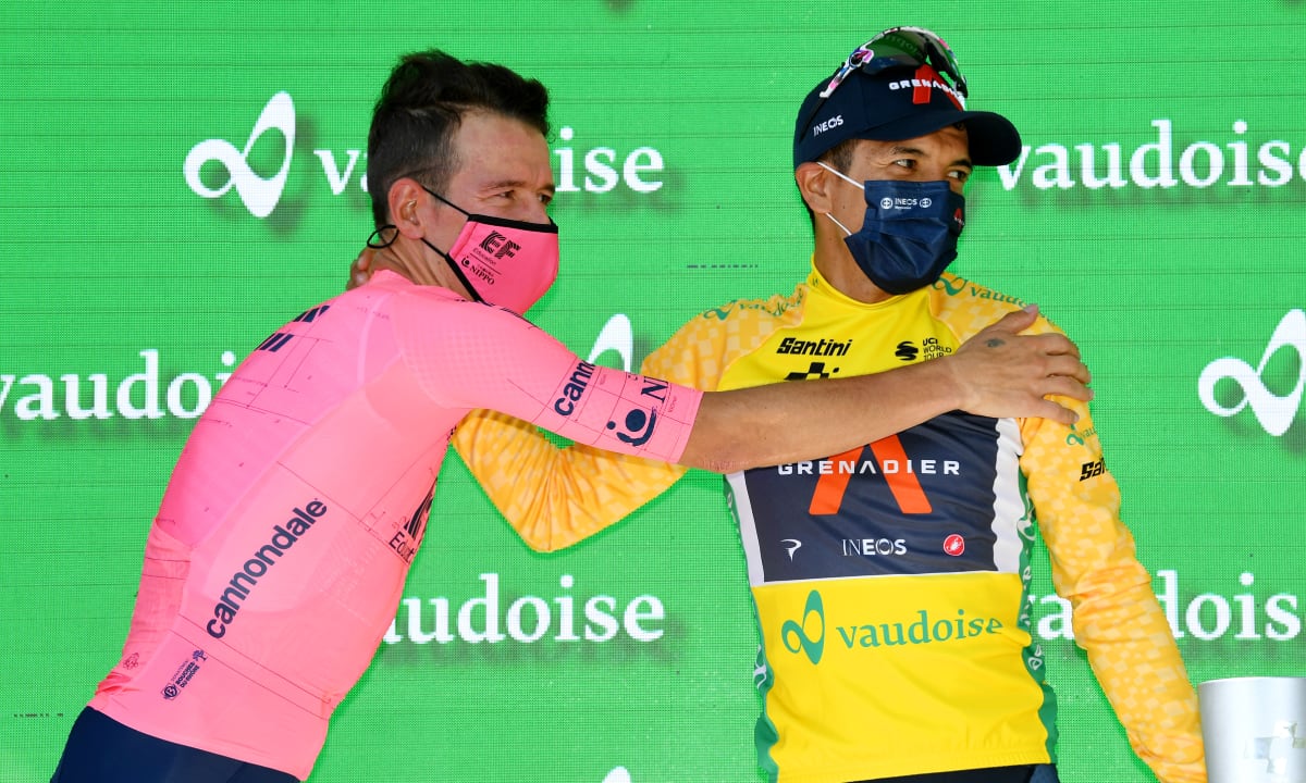 ANDERMATT, SWITZERLAND - JUNE 13: Rigoberto Uran Uran of Colombia and Team EF Education - Nippo 2nd place & Richard Carapaz of Ecuador and Team INEOS Grenadiers yellow leader jersey celebrates at podium during the 84th Tour de Suisse 2021, Stage 8 a 159,5km stage from Andermatt to Andermatt / #UCIworldtour / @tds / #tourdesuisse / on June 13, 2021 in Andermatt, Switzerland. (Photo by Getty Images/Tim de Waele)