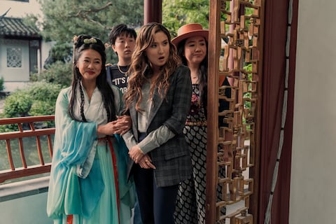 Stephanie Hsu as Kat, Sabrina Wu as Deadeye, Ashley Park as Audrey, and Sherry Cola as Lolo in Joy Ride. Photo Credit: Ed Araquel