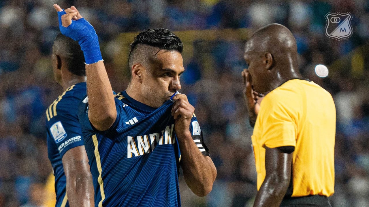 Falcao García celebrando su primer gol con Millonarios.
