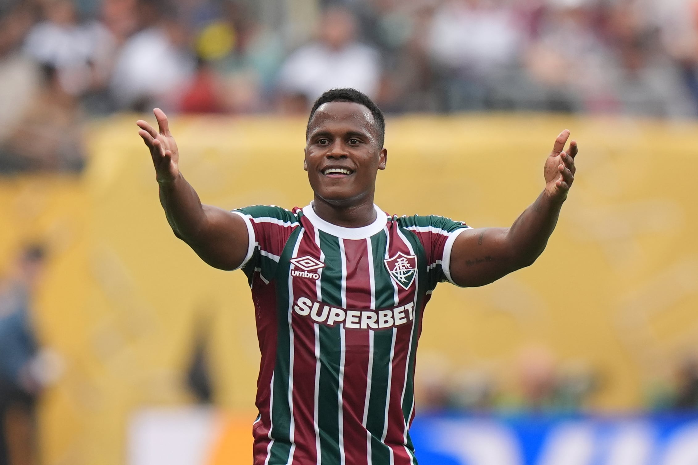 Fluminense's Jhon Arias reacts during the Club World Cup group F soccer match between Fluminense and Borussia Dortmund in East Rutherford, N.J., Tuesday, June 17, 2025. (AP Photo/Frank Franklin II)