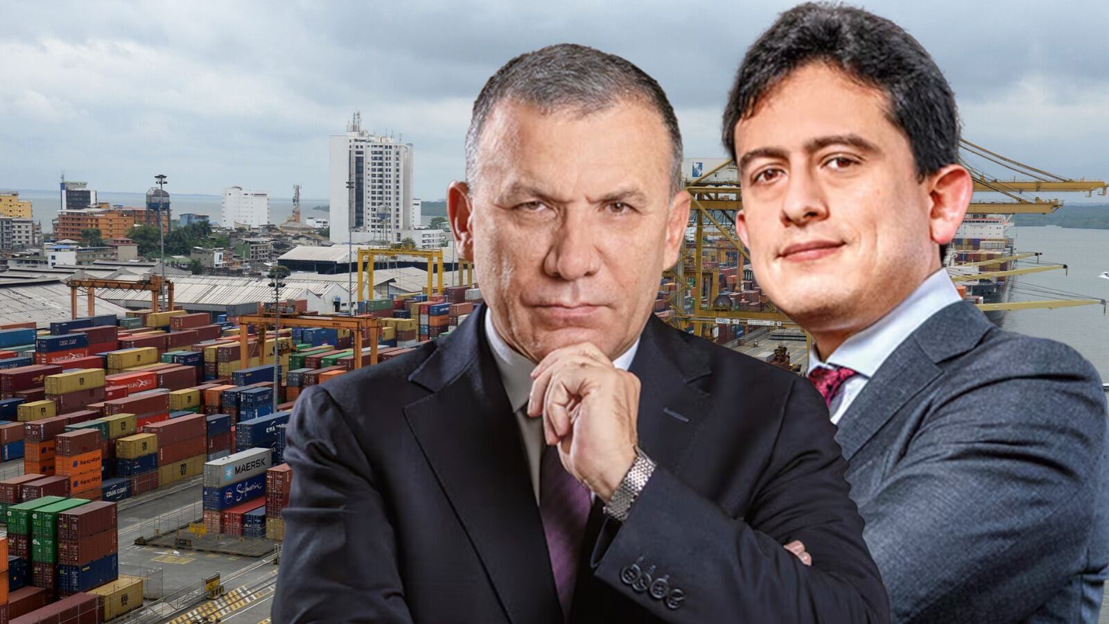 Roy Barreras, embajador de Colombia en Londres y Juan Carlos Reyes, ministro de Comercio. Al fondo, el puerto de Buenaventura