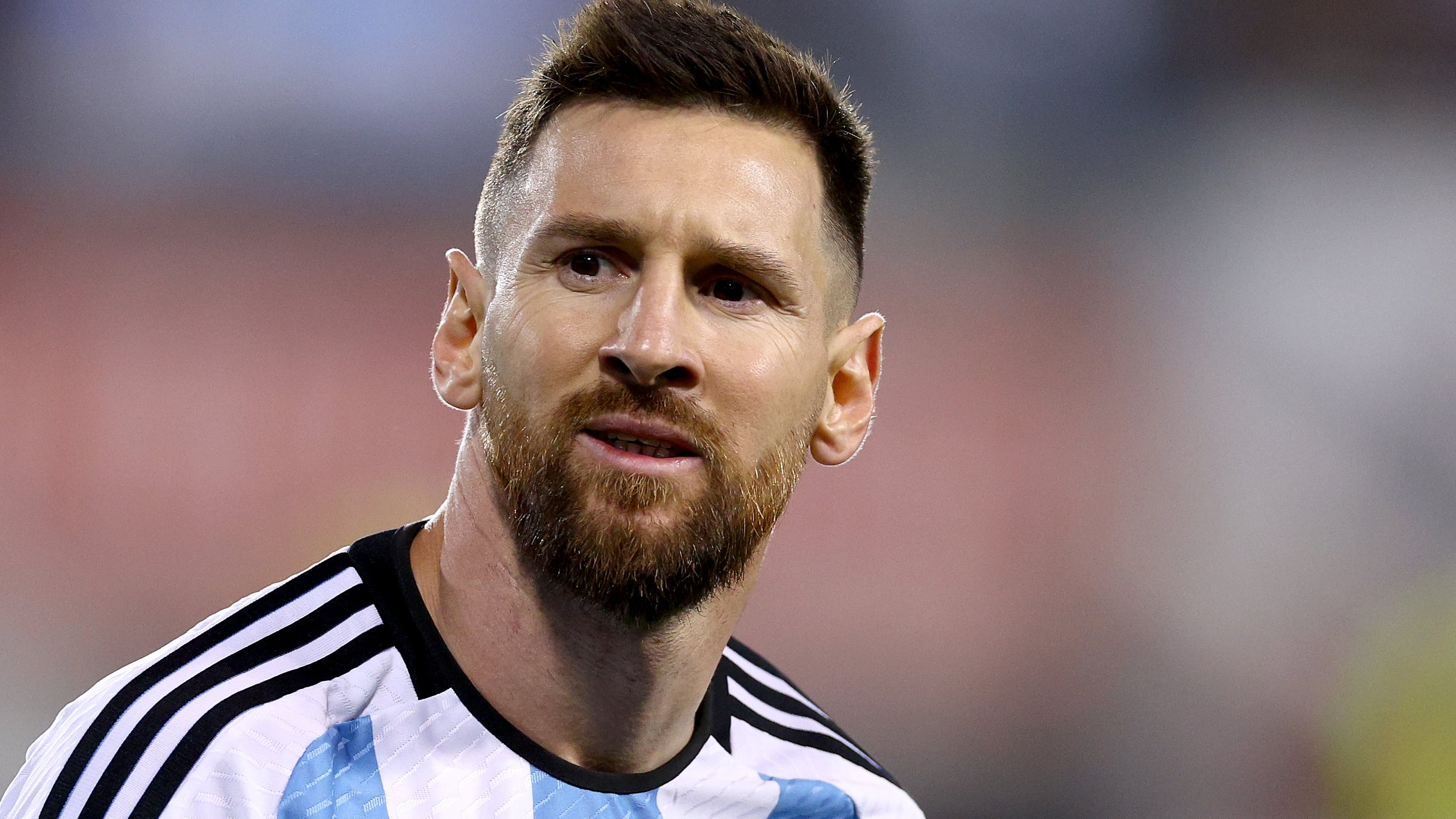 HARRISON, NEW JERSEY - SEPTEMBER 27:  Lionel Messi #10 of Argentina reacts in the second half against Jamaica at Red Bull Arena on September 27, 2022 in Harrison, New Jersey. Argentina defeated Jamaica 3-0. (Photo by Elsa/Getty Images)