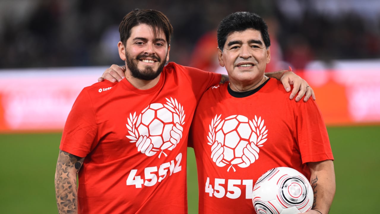 Argentine footballer Diego Armando Maradona and son Diego jr during the peace match at the Olympic stadium. Rome (Italy), October 12th, 2016 (Photo by Getty Images/Massimo Insabato/Archivio Massimo Insabato/Mondadori Portfolio)