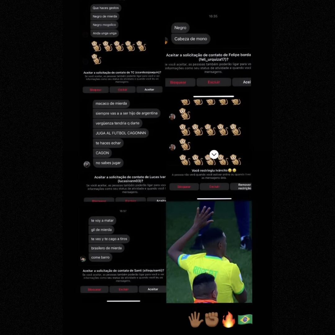 Jugador de Brasil mostró los insultos racistas recibidos en redes sociales.