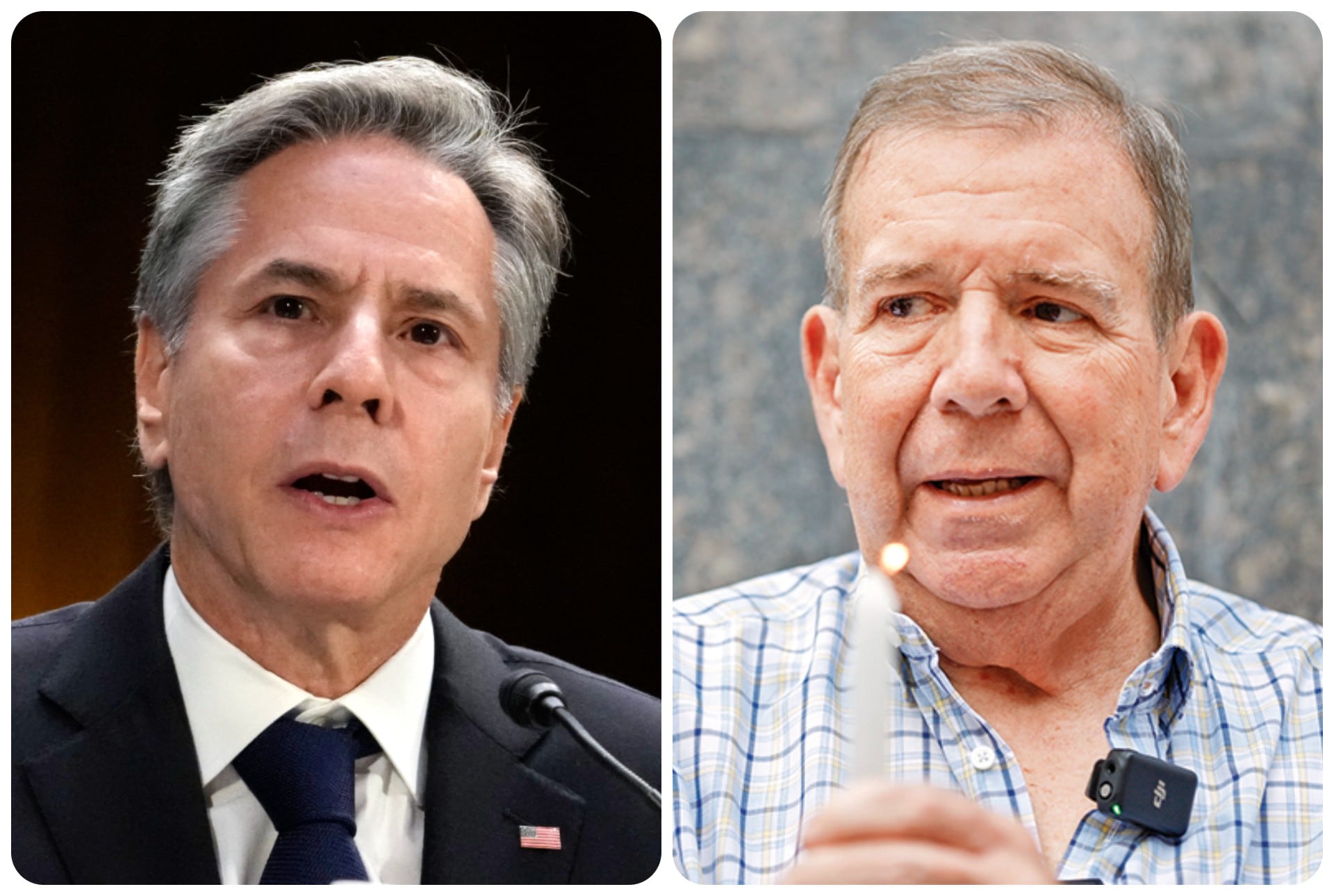 El jefe de la diplomacia de Estados Unidos, Antony Blinken, y el líder opositor venezolano Edmundo González.
