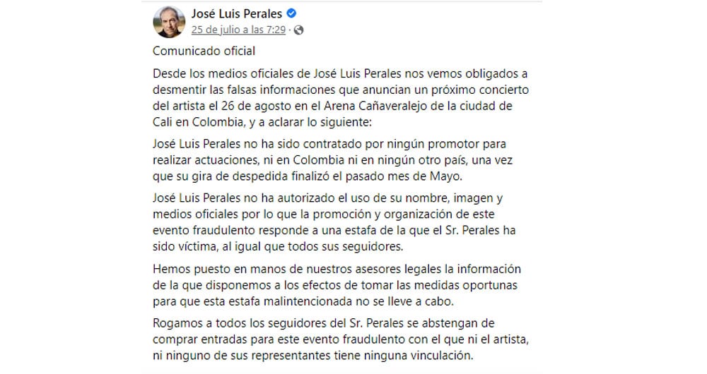 José Luis Perales - Captura de pantalla página oficial Facebook José Luis Perales