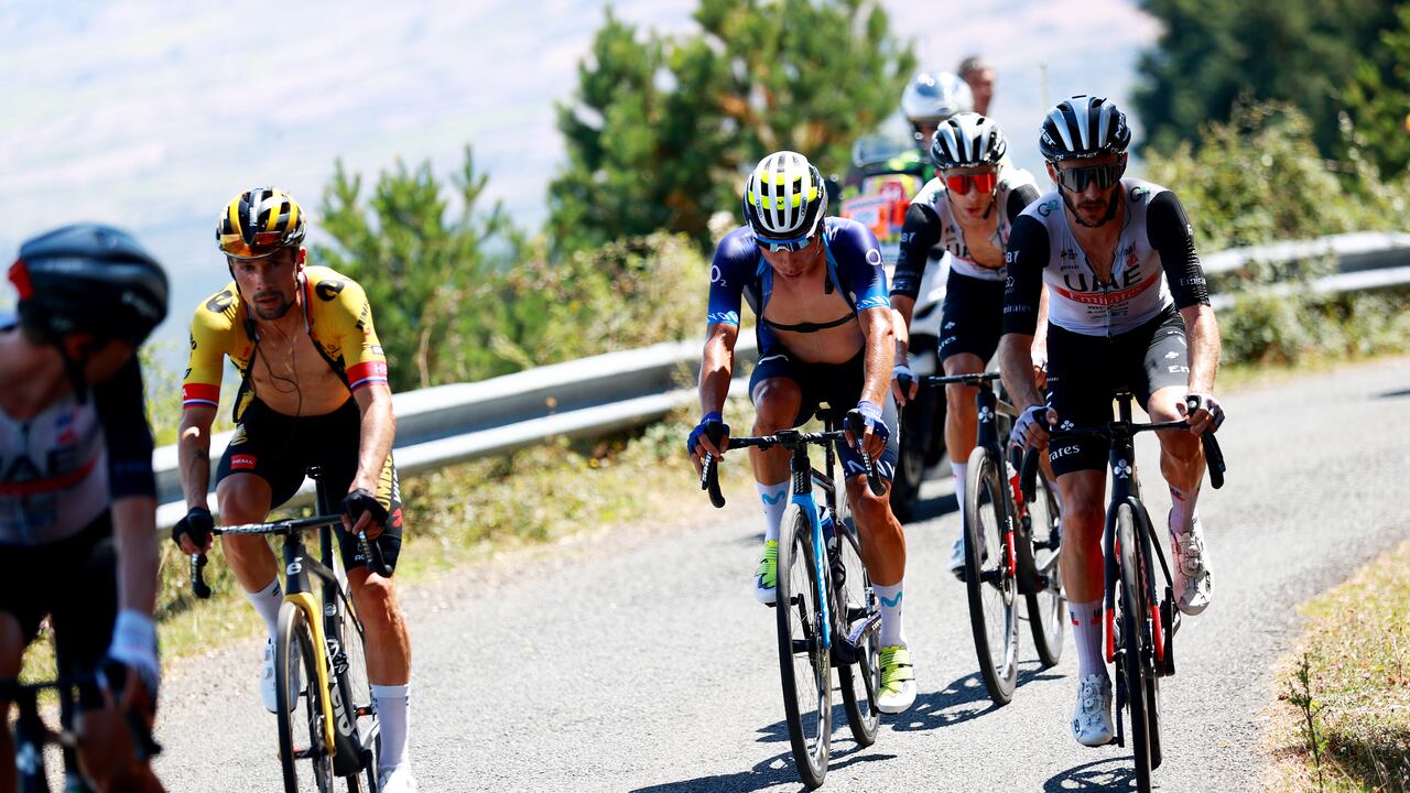 VILLARCAYO, SPAIN - AUGUST 17: (L-R) Primož Roglic of Slovenia and Team Jumbo-Visma, Einer Augusto Rubio Reyes of Colombia and Movistar Team and Adam Yates of Great Britain and UAE Team Emirates compete in the breakaway during the 45th Vuelta a Burgos 2023, Stage 3 a 183km stage from Sargentes de la Lora to Villarcayo on August 17, 2023 in Villarcayo, Spain. (Photo by Gonzalo Arroyo Moreno/Getty Images)