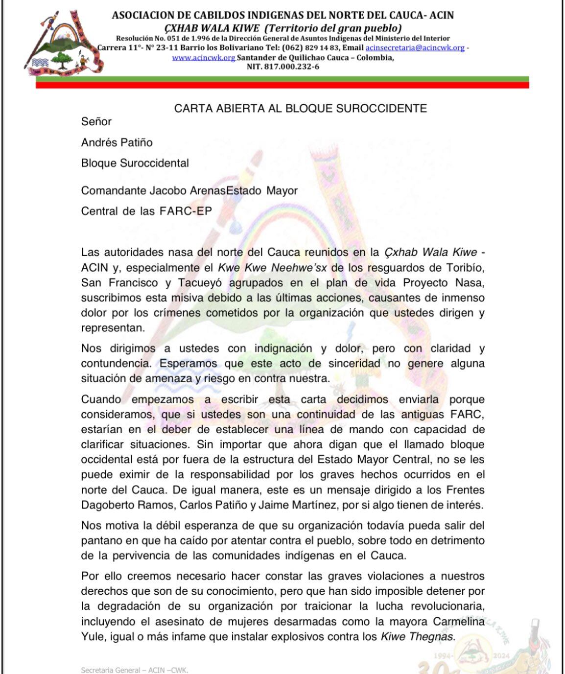 Carta indígenas a Farc de Iván Mordisco