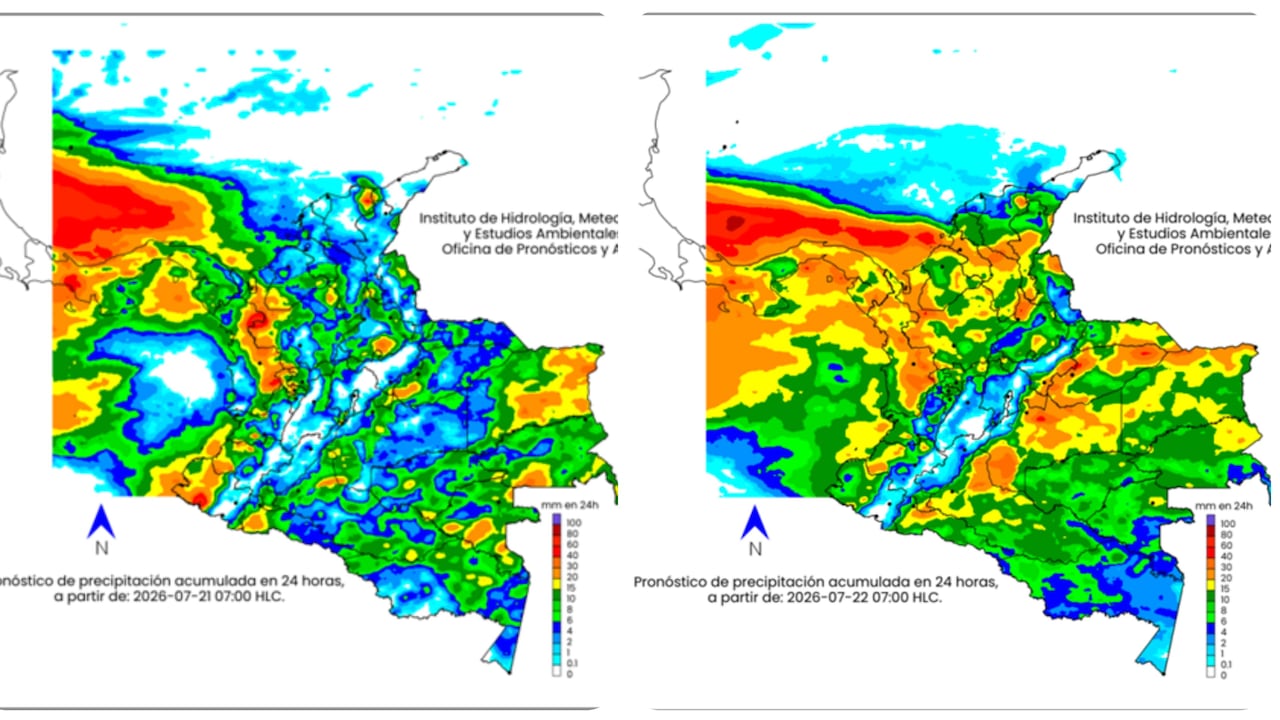 Mapa del clima en Colombia para el martes 21 y miércoles 22 de julio.