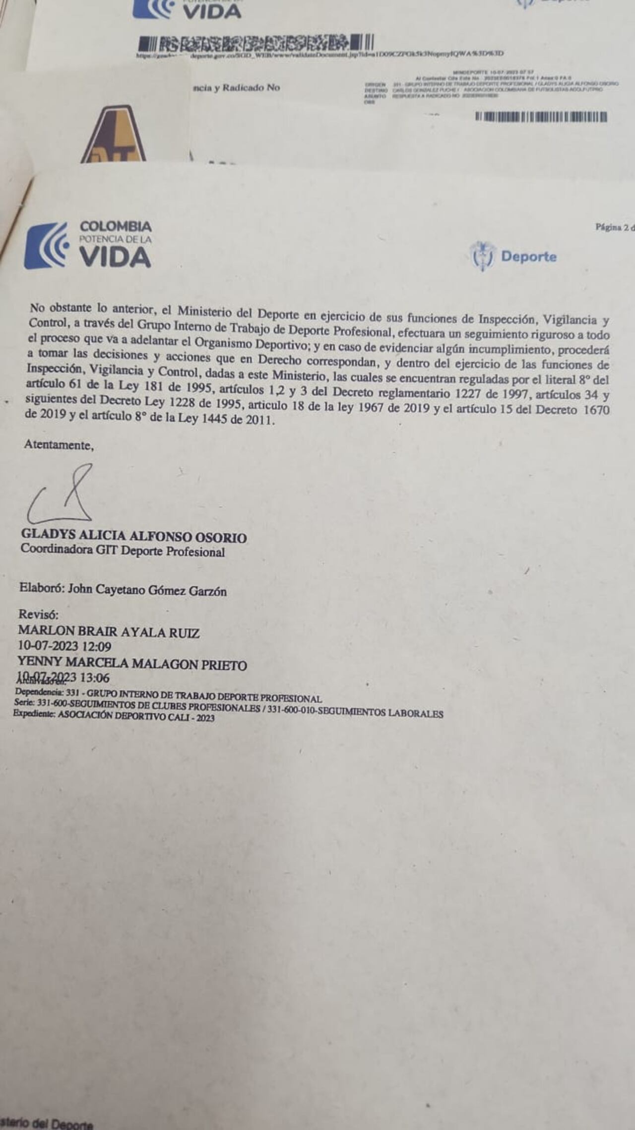Carta del Ministerio del Deporte al Deportivo Cali.