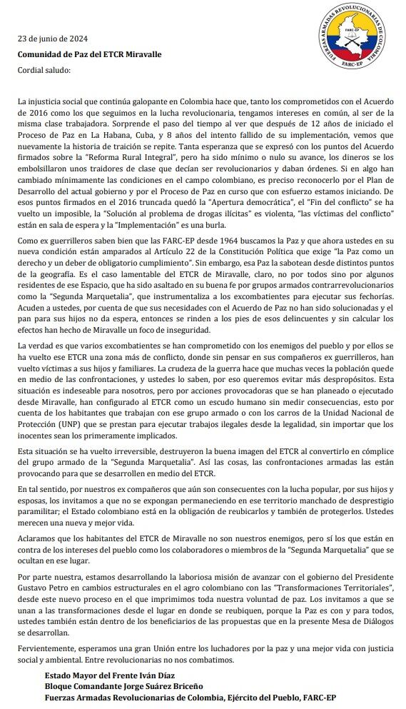 Este fue el comunicado del Estado Mayor Central (EMC) sobre el ETCR de Miravalle.