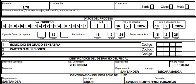 Esta es la orden de captura contra Julián Andrés Calderón, presunto responsable de atropellar a cinco jóvenes en Santander.