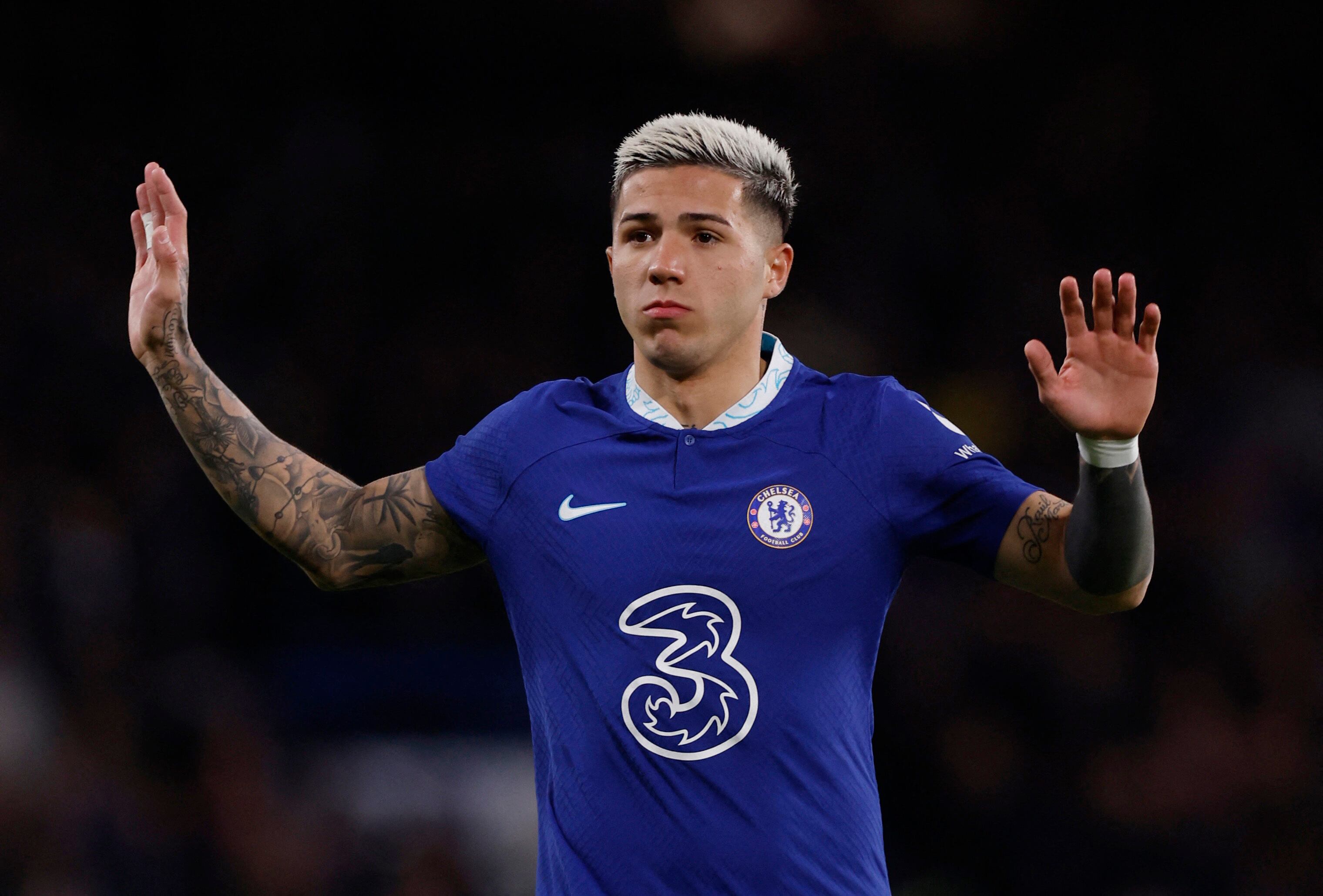 Soccer Football - Premier League - Chelsea v Fulham - Stamford Bridge, London, Britain - February 3, 2023 Chelsea's Enzo Fernandez before the match Action Images via Reuters/Andrew Couldridge EDITORIAL USE ONLY. No use with unauthorized audio, video, data, fixture lists, club/league logos or 'live' services. Online in-match use limited to 75 images, no video emulation. No use in betting, games or single club /league/player publications.  Please contact your account representative for further details.