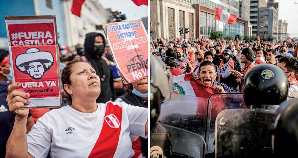 En medio de multitudinarias protestas, se pide que Castillo no continúe su mandato, con apenas nueve meses en el cargo. Su popularidad no llega ni al 20 por ciento tras un atropellado gobierno.