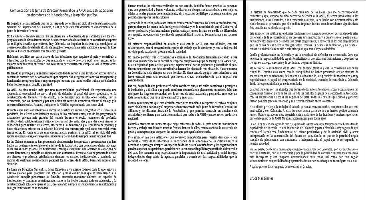 “He llegado a la conclusión de que me corresponde poner fin a mi ciclo al frente de la Andi”, dijo Mac Master en la carta en la que se conoció su dimisión.