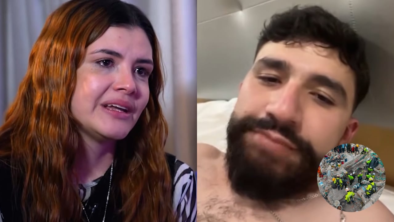Natalia Patiño, su prometido Juan Felipe Giraldo y el Hotel Dibeni derrumbado tras el terremoto.