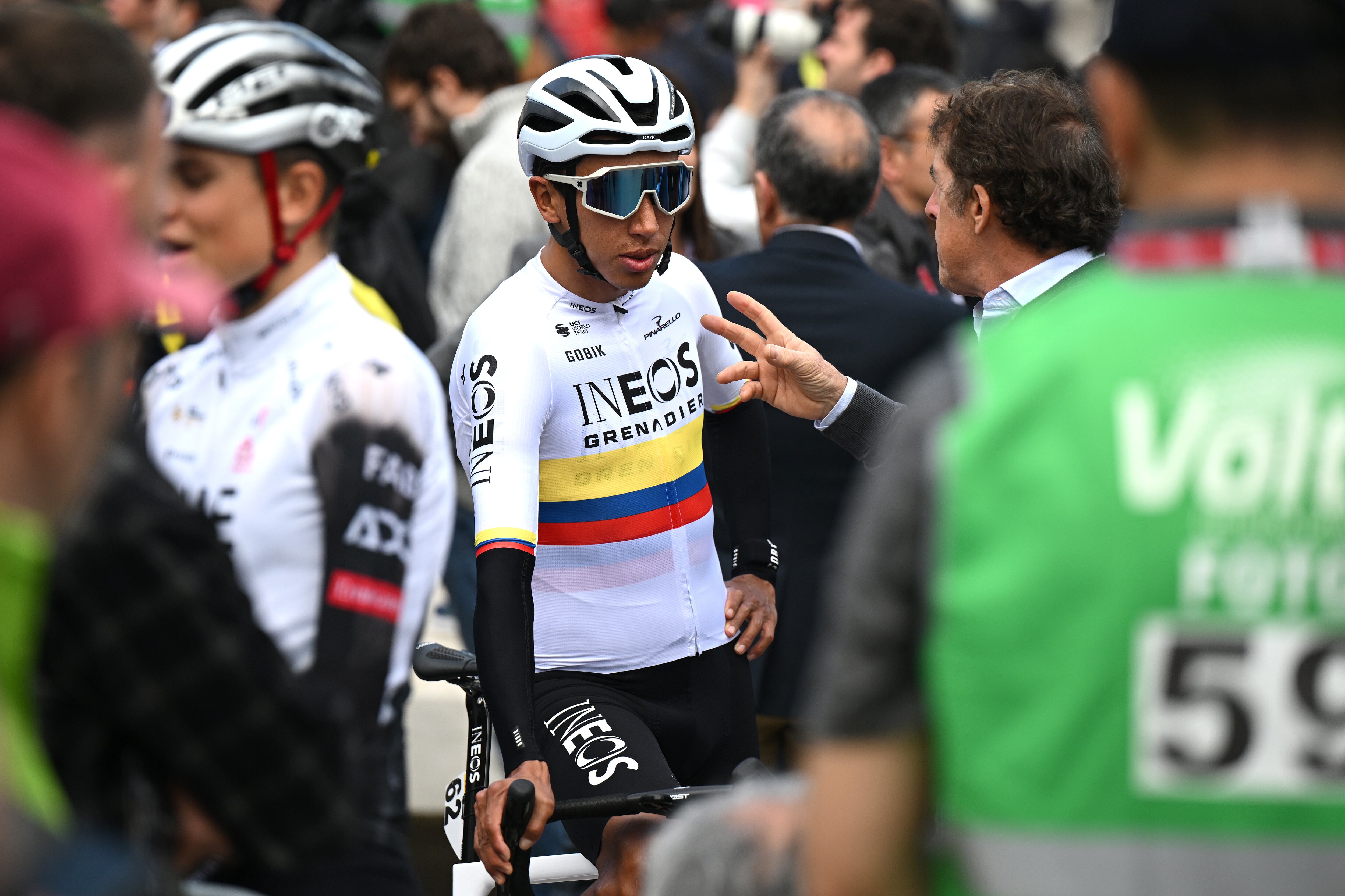 BANYOLES, SPAIN - MARCH 25: (L-R) Egan Bernal of Colombia and Team INEOS Grenadiers and Pedro Delgado “Perico” of Spain Ex-procyclist prior to the 104th Volta Ciclista a Catalunya 2025, Stage 2 a 177.3km stage from Banyoles to Figueres / #UCIWT / on March 25, 2025 in Banyoles, Spain. (Photo by Szymon Gruchalski/Getty Images)