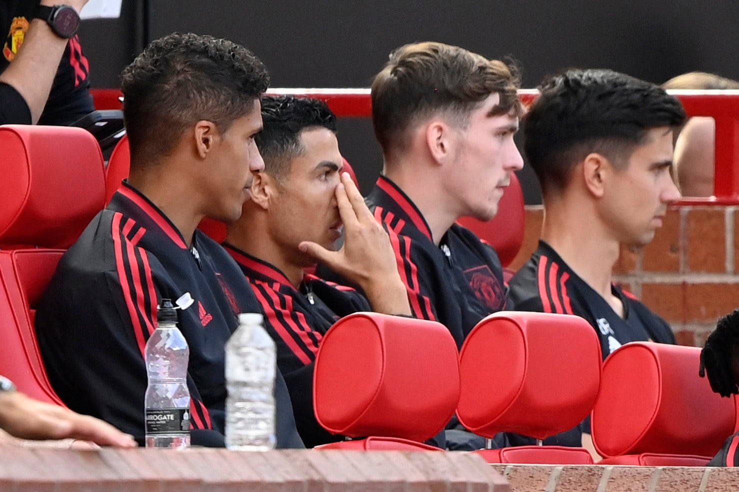 Soccer Football - Premier League - Manchester United v Brighton & Hove Albion - Old Trafford, Manchester, Britain - August 7, 2022  Manchester United's Cristiano Ronaldo reacts on the bench during the match REUTERS/Toby Melville EDITORIAL USE ONLY. No use with unauthorized audio, video, data, fixture lists, club/league logos or 'live' services. Online in-match use limited to 75 images, no video emulation. No use in betting, games or single club /league/player publications.  Please contact your account representative for further details.