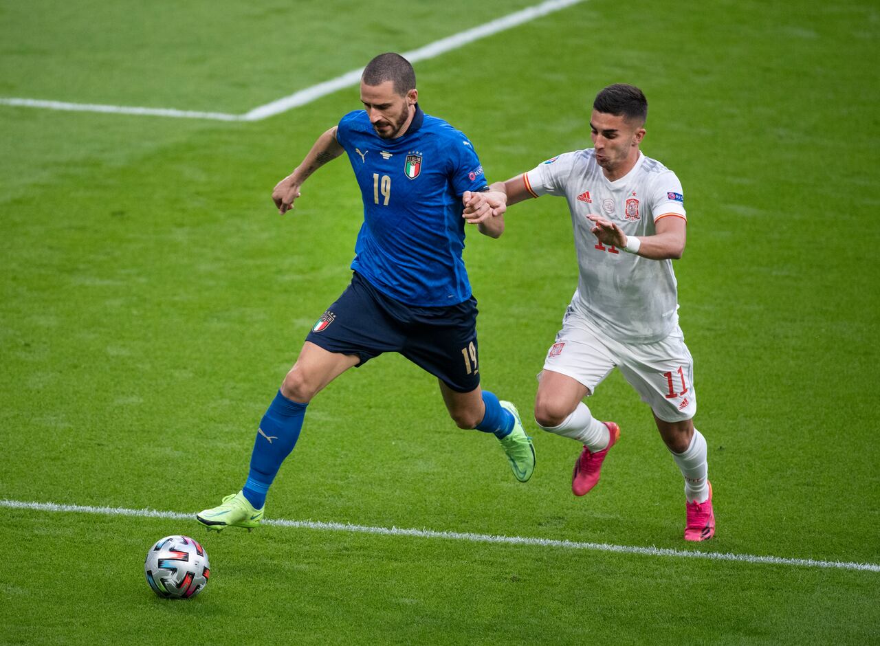 LONDON, ENGLAND - JULY 06: Leonardo Bonucci of Italy and Ferran Torres of Spain in action during the UEFA Euro 2020 Championship Semi-final match between Italy and Spain at Wembley Stadium on July 6, 2021 in London, United Kingdom. (Photo by Visionhaus/Getty Images)
