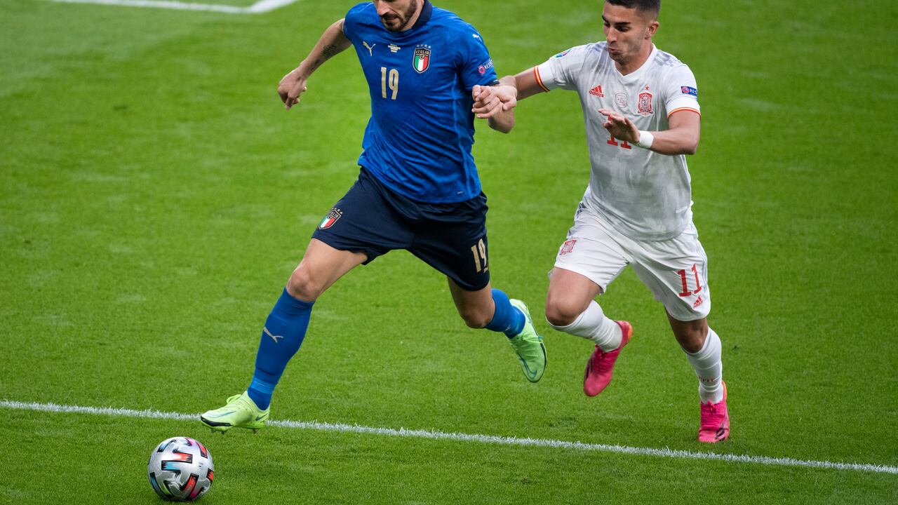 LONDON, ENGLAND - JULY 06: Leonardo Bonucci of Italy and Ferran Torres of Spain in action during the UEFA Euro 2020 Championship Semi-final match between Italy and Spain at Wembley Stadium on July 6, 2021 in London, United Kingdom. (Photo by Visionhaus/Getty Images)