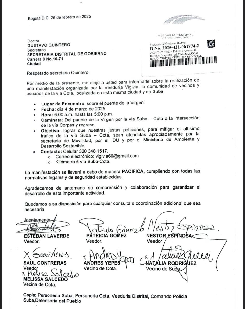Notificación de plantón a la Secretaría de Gobierno de Bogotá por parte de la comunidad.