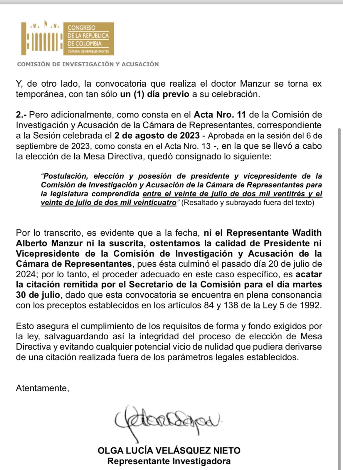 La congresista Olga Lucía Velásquez le dice a Wadith Manzur que ella y él no hacen parte de la mesa directiva.