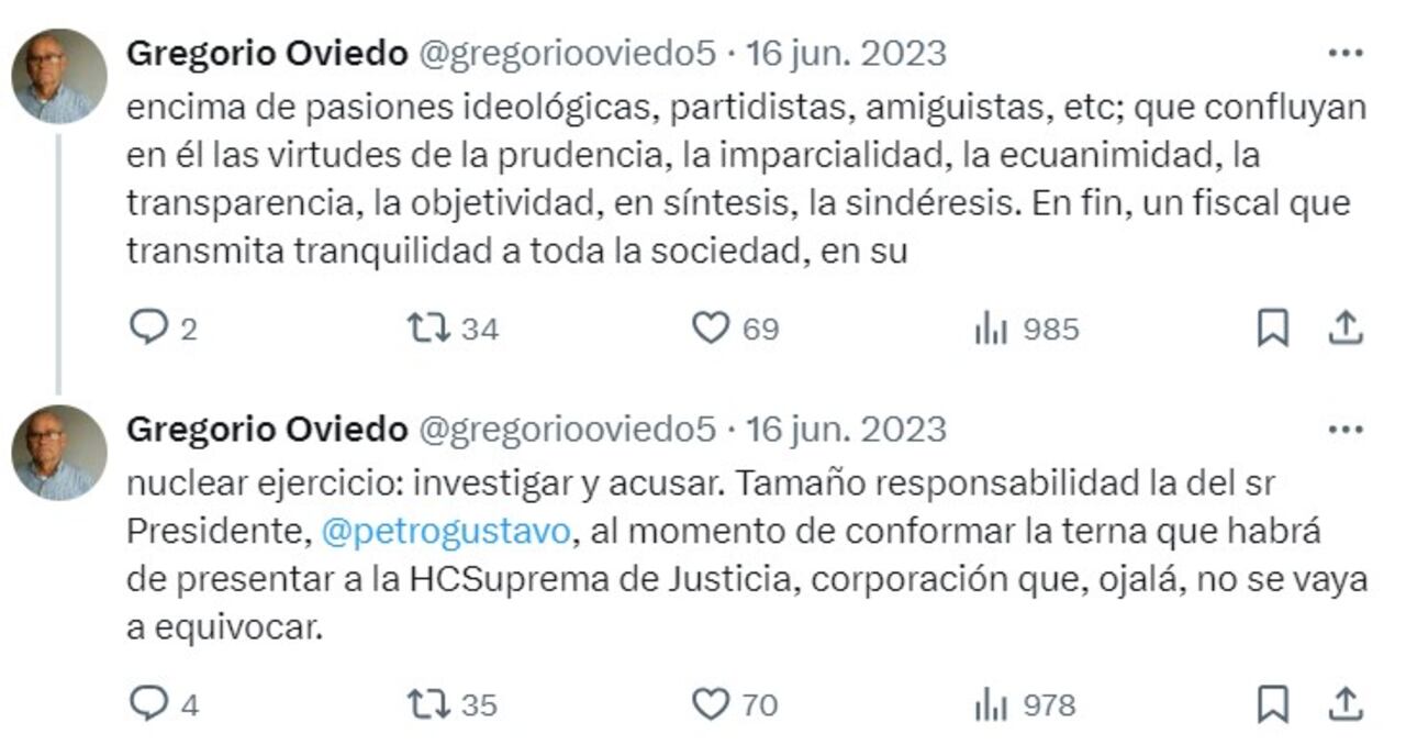 Publicaciones hechas en X por Gregorio Oviedo.