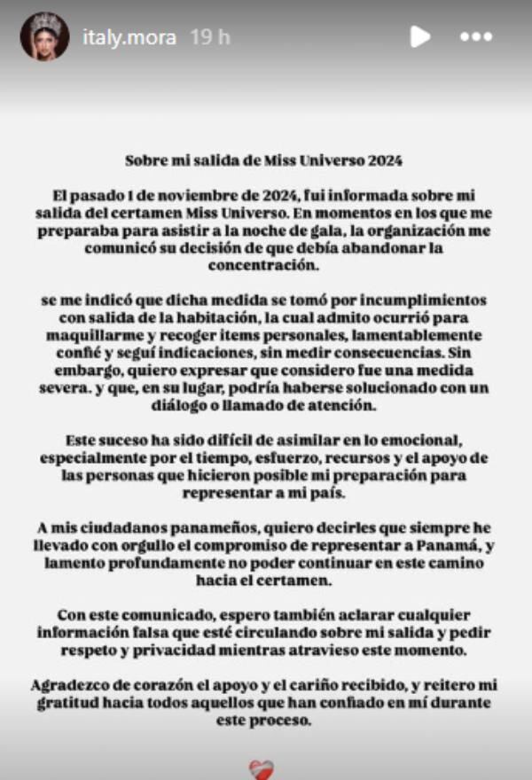 Comunicado Miss Panamá sobre decisión que tomó Miss Universo