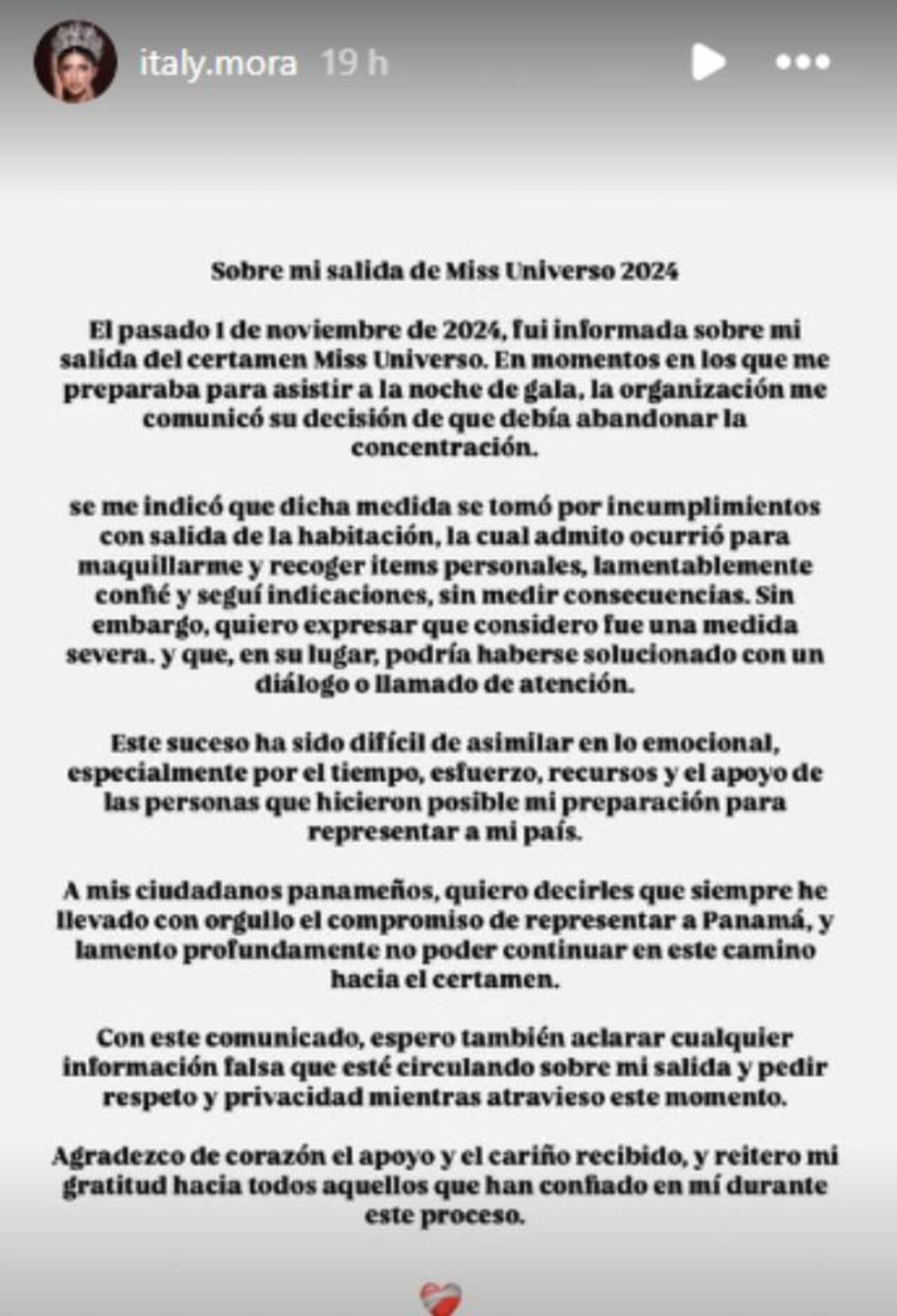 Comunicado Miss Panamá sobre decisión que tomó Miss Universo