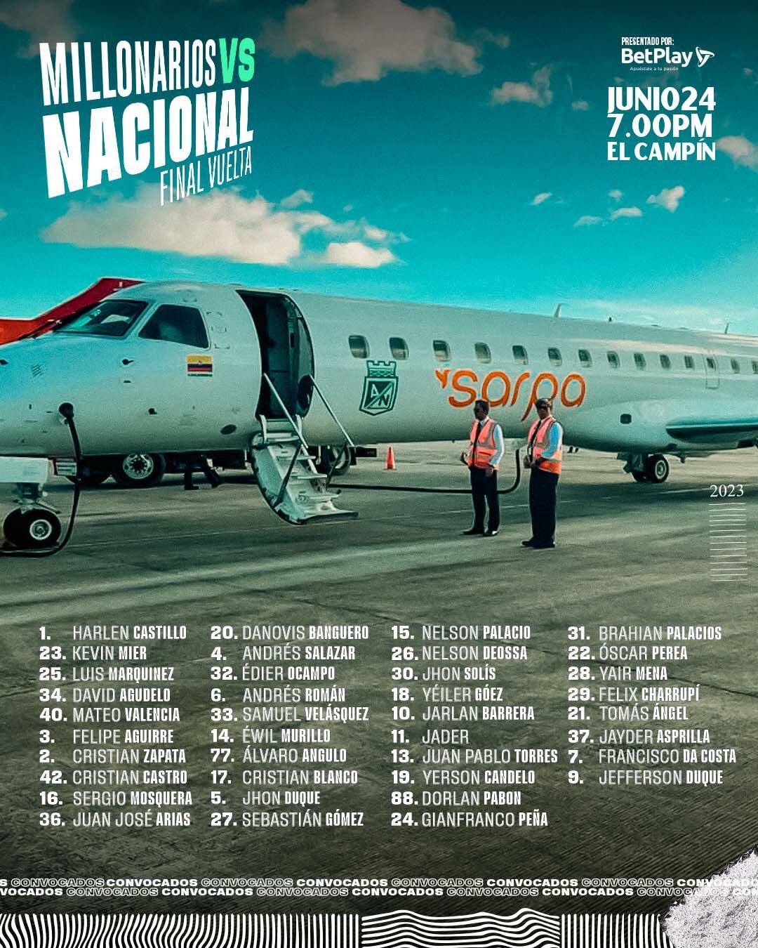 Lista de viajeros de Atlético Nacional para la finalísima de la Liga BetPlay 2023-1.