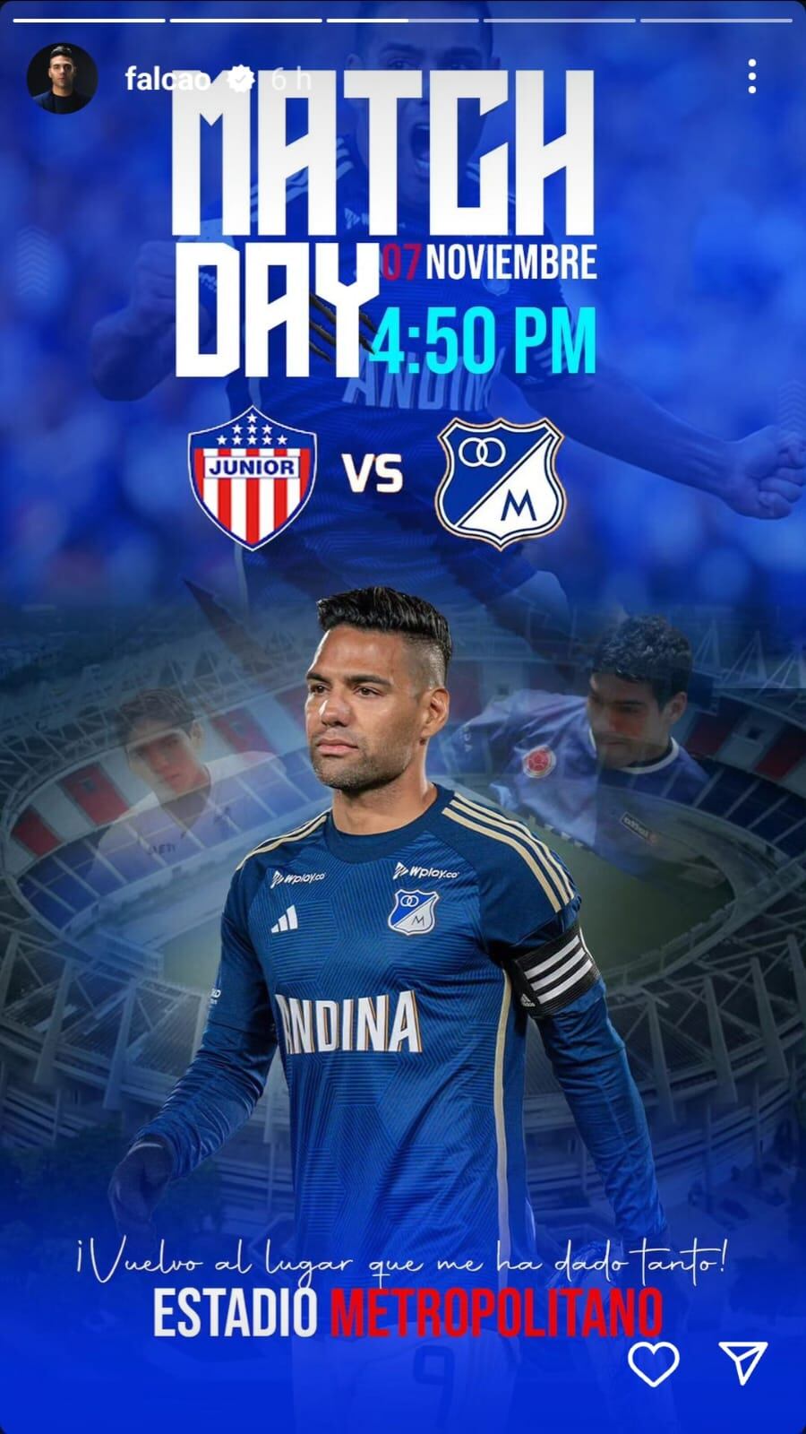 Post en las historias de Falcao con emotivo mensaje hacia el estadio Metropolitano Roberto Meléndez.