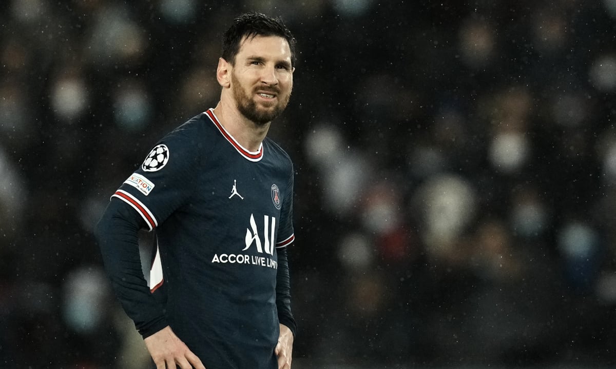 PSG's Lionel Messi reacts during the Champions League, round of 16, first leg soccer match between Paris Saint Germain and Real Madrid at the Parc des Princes stadium, in Paris, France, Tuesday, Feb. 15, 2022. (AP/Thibault Camus)