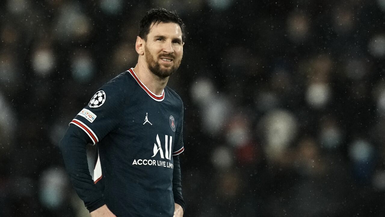 PSG's Lionel Messi reacts during the Champions League, round of 16, first leg soccer match between Paris Saint Germain and Real Madrid at the Parc des Princes stadium, in Paris, France, Tuesday, Feb. 15, 2022. (AP/Thibault Camus)