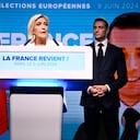 La líder del partido francés de extrema derecha Rassemblement National (RN), Marine Le Pen (izq.), se dirige a los activistas mientras el presidente del partido, Jordan Bardella, escucha después de que el presidente francés anunciara que convocará nuevas elecciones generales el 30 de junio.