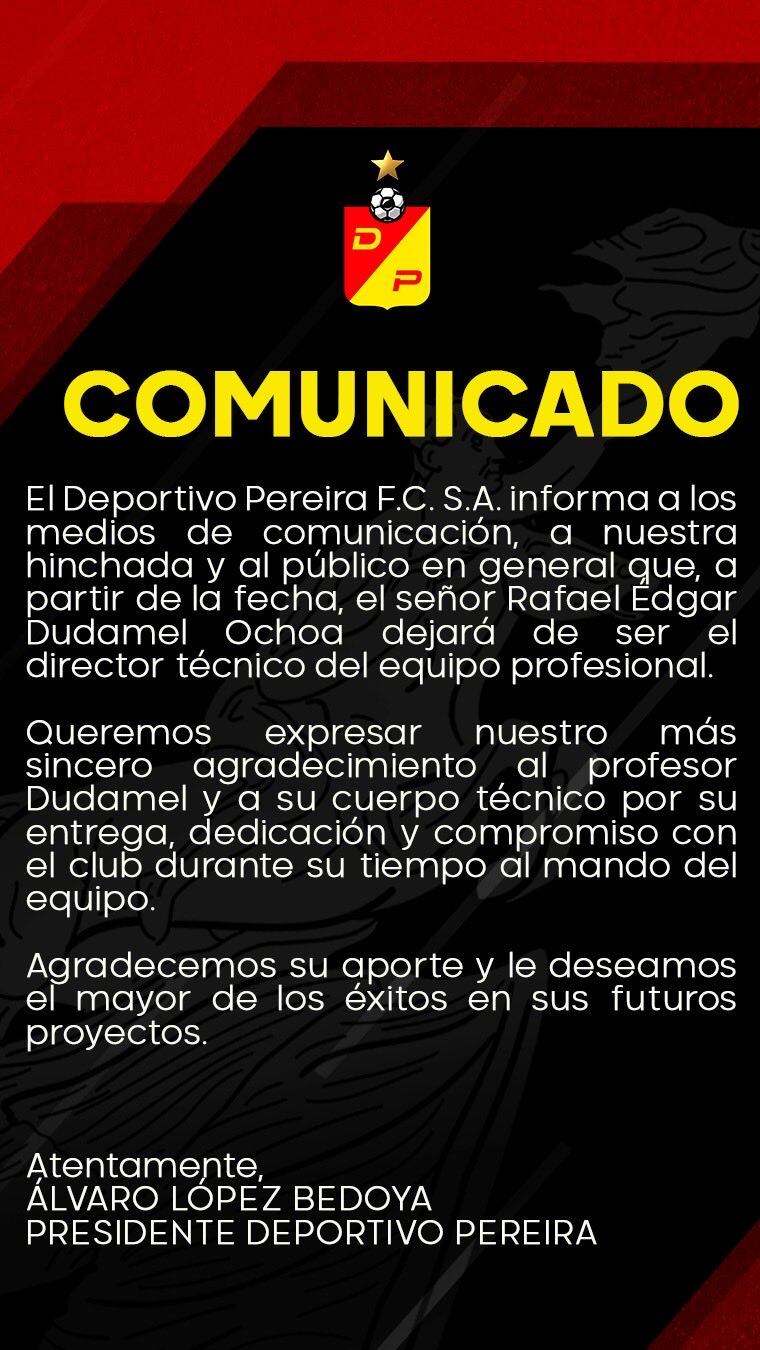 Comunicado oficial del Deportivo Pereira sobre la salida de Rafael Dudamel.