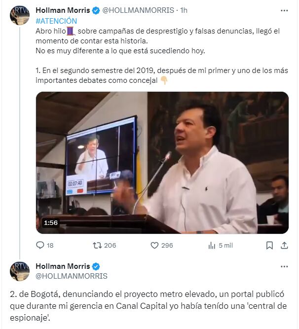 Tino de Hollman Morris en el que asegura que hay una "campaña de desprestigio" en su contra