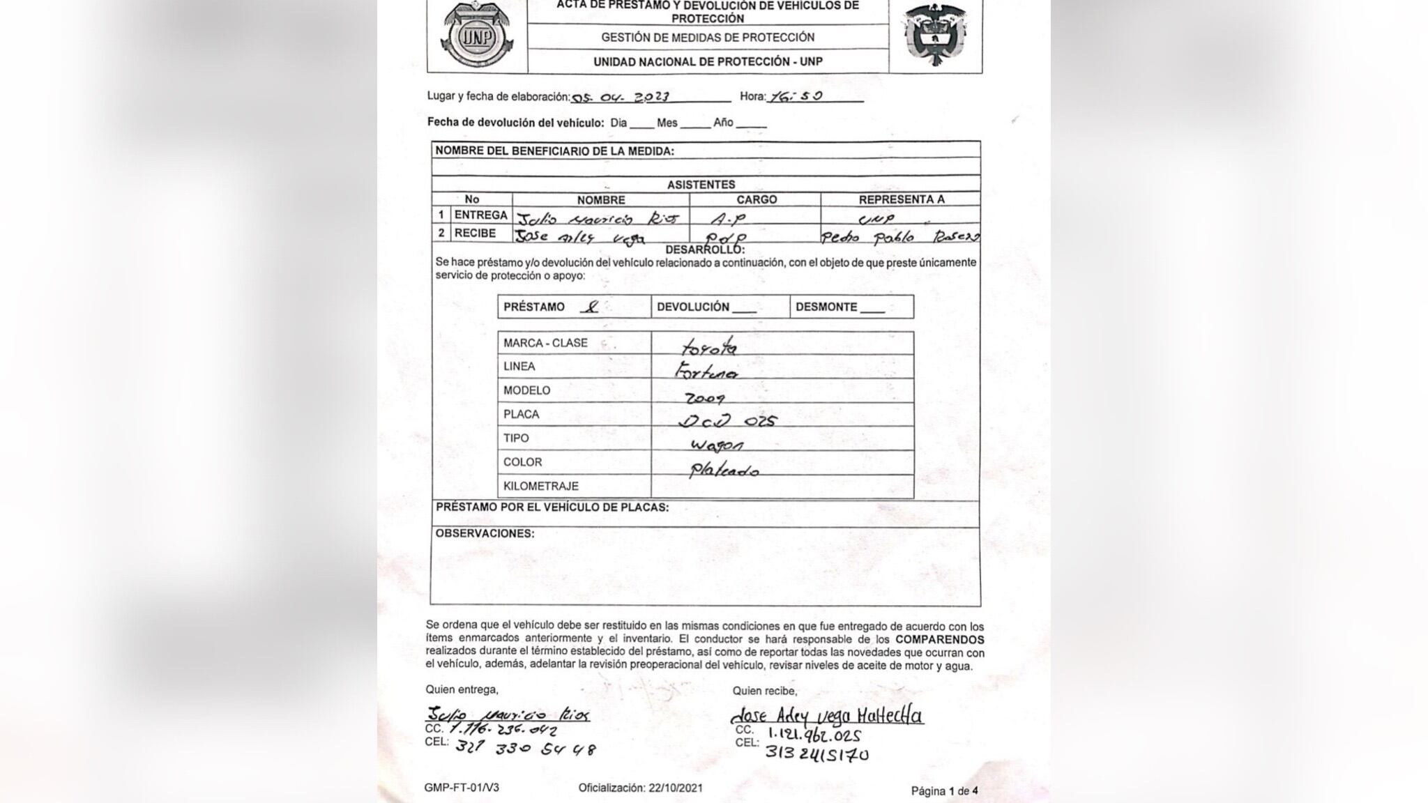 Acta entrega vehículo a desmovilizado de Farc