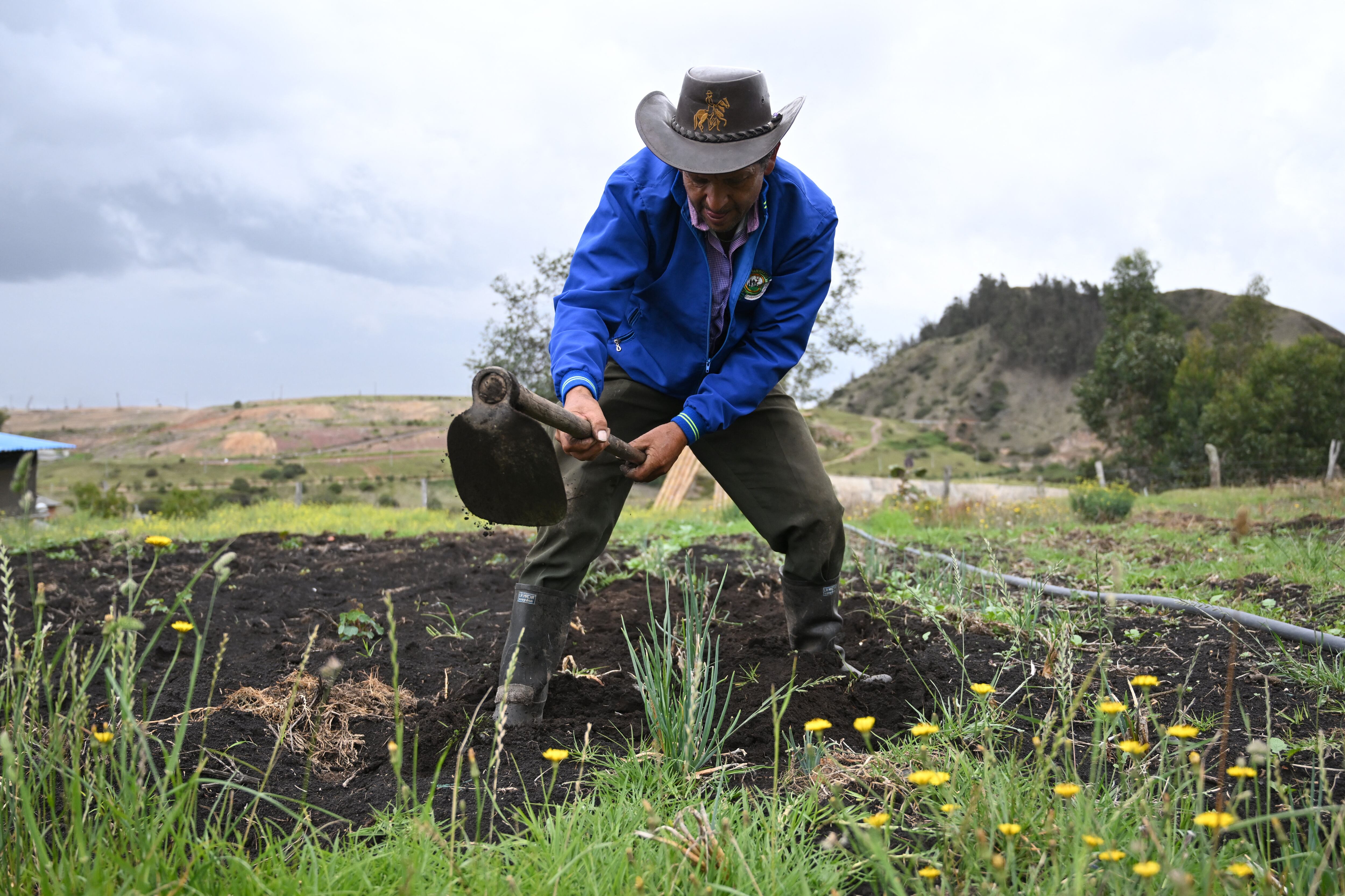 Raúl Rivera trabaja en su finca cerca del vertedero de Doña Juana en Bogotá el 22 de abril de 2024.