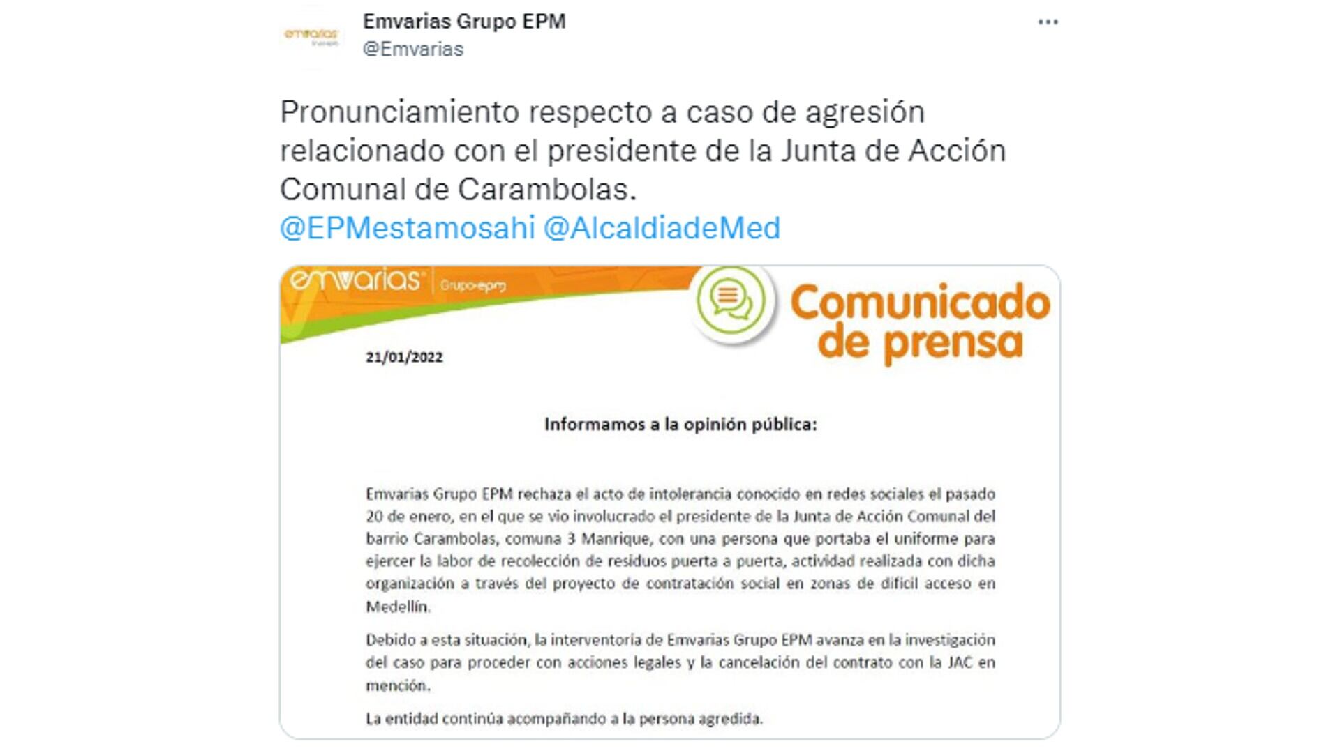 Comunicado oficial de Emvarias.