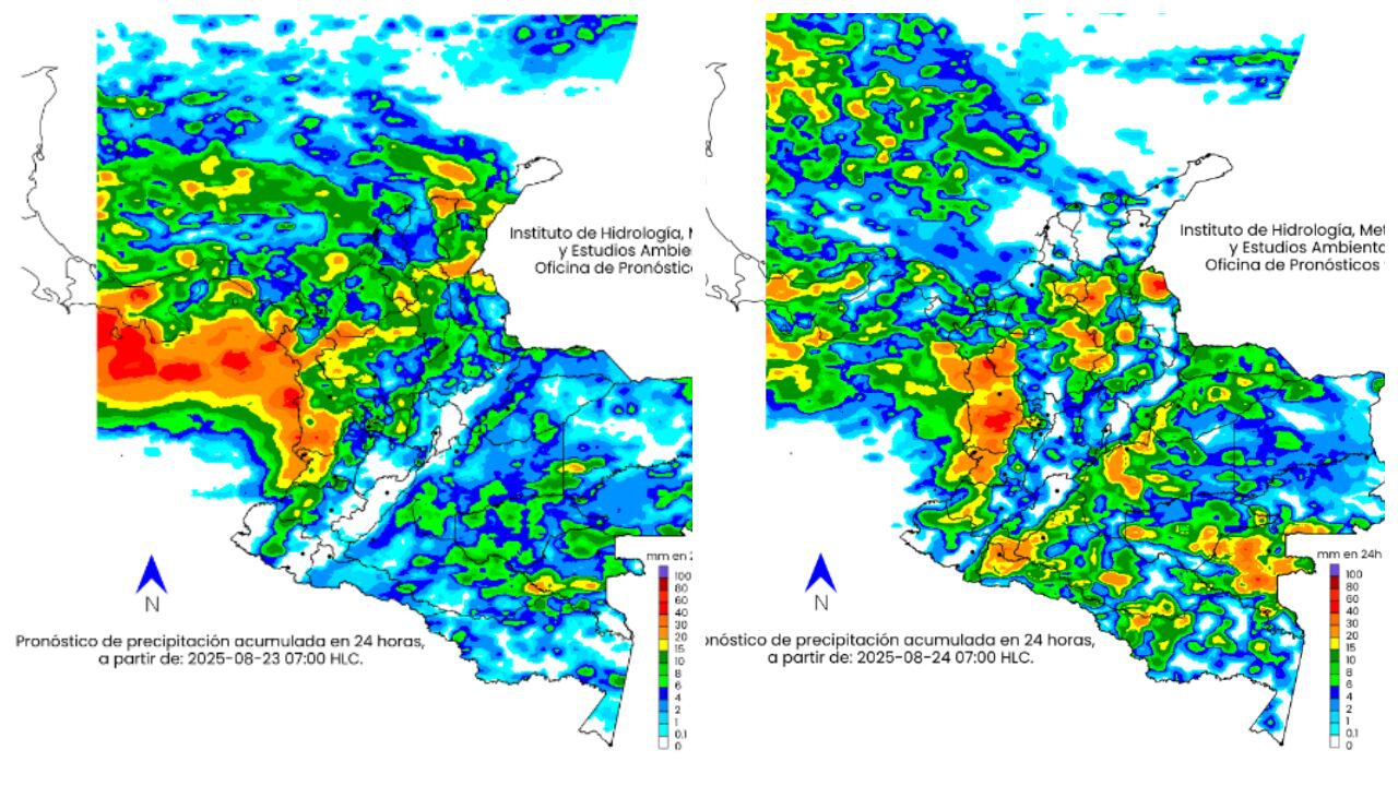 Imágenes del Ideam para referir el comportamiento del clima el 23 y 24 de agosto de 2025 en Colombia.