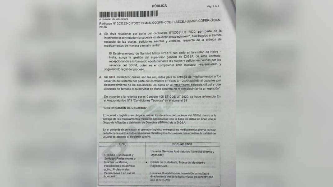 Respuesta del Ejército a veedor que entuteló al director de sanidad militar.