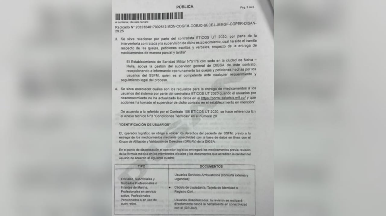 Respuesta del Ejército a veedor que entuteló al director de sanidad militar.