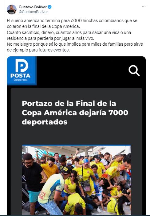 El trino de Gustavo Bolívar el 24 de julio a las 7:05 p. m.