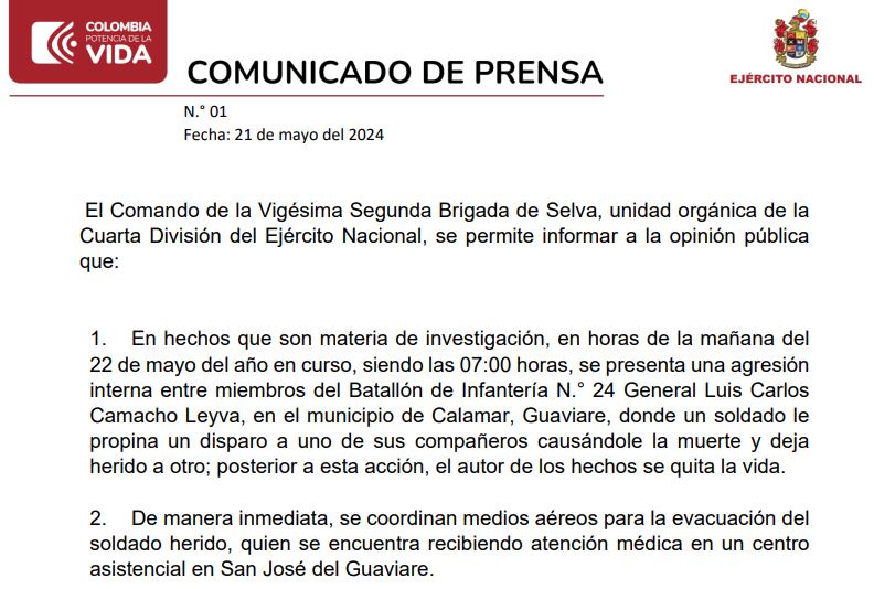 Comunicado del Ejército sobre el caso en el Guaviare.