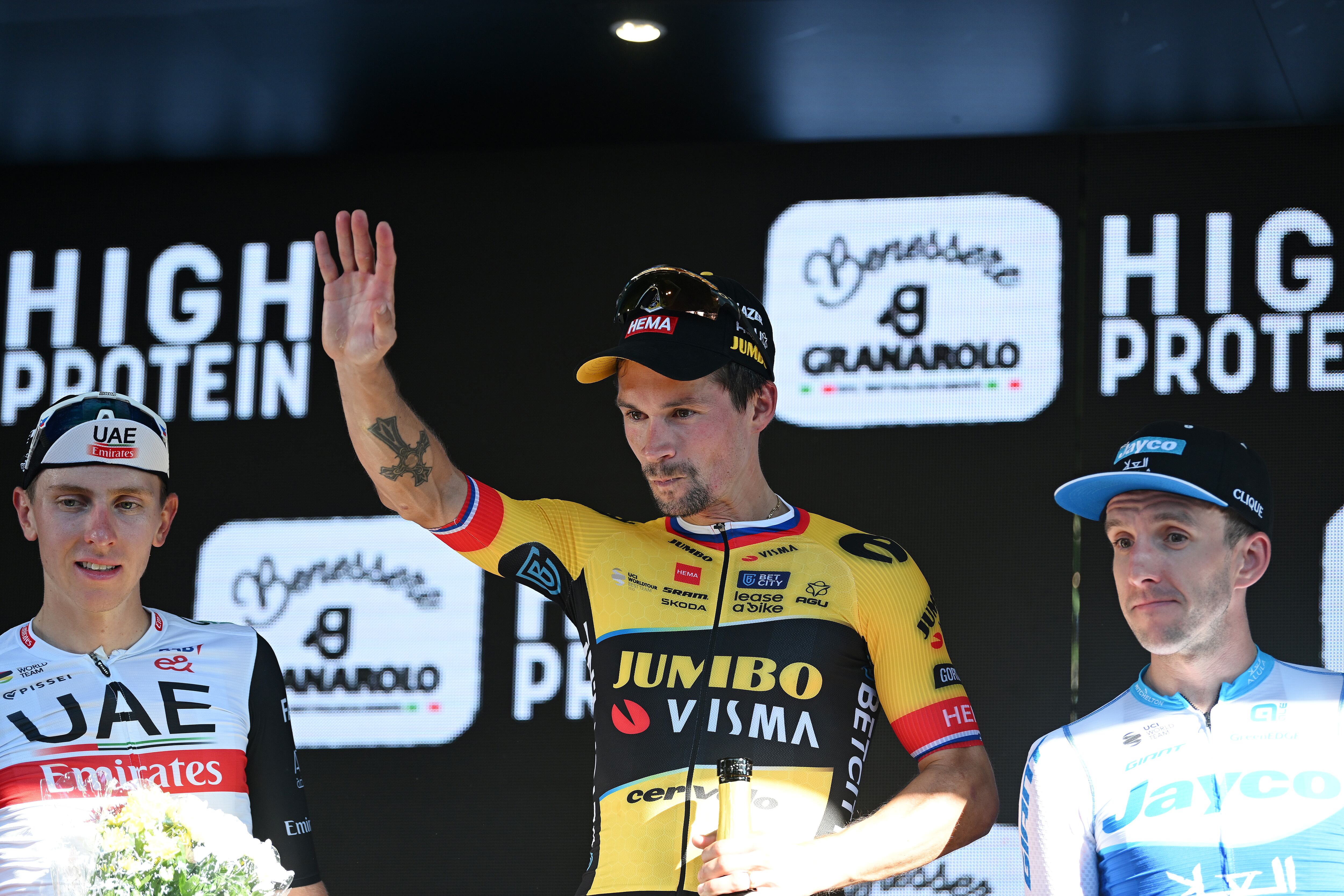 SAN LUCA - BOLOGNA, ITALY - SEPTEMBER 30: (L-R) Tadej Pogacar of Slovenia and UAE Team Emirates on second place, race winner Primoz Roglic of Slovenia and Team Jumbo-Visma and Simon Yates of The United Kingdom and Team Jayco AlUla on third place pose on the podium ceremony after the 106th Giro dell'Emilia 2023 a 204.1km a one day race from Carpi to Bologna - San Luca 267m on September 30, 2023 in Bologna - San Luca, Italy. (Photo by Dario Belingheri/Getty Images)