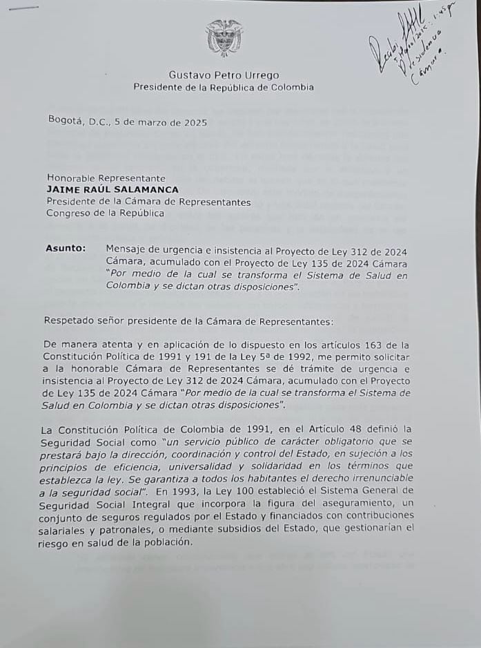 Petición del Gobierno Petro a la Cámara de Representantes.